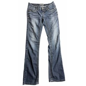 Reign Women's Bootcut Jeans Size 3 Medium Wash Flap Pocket Stretch Denim
